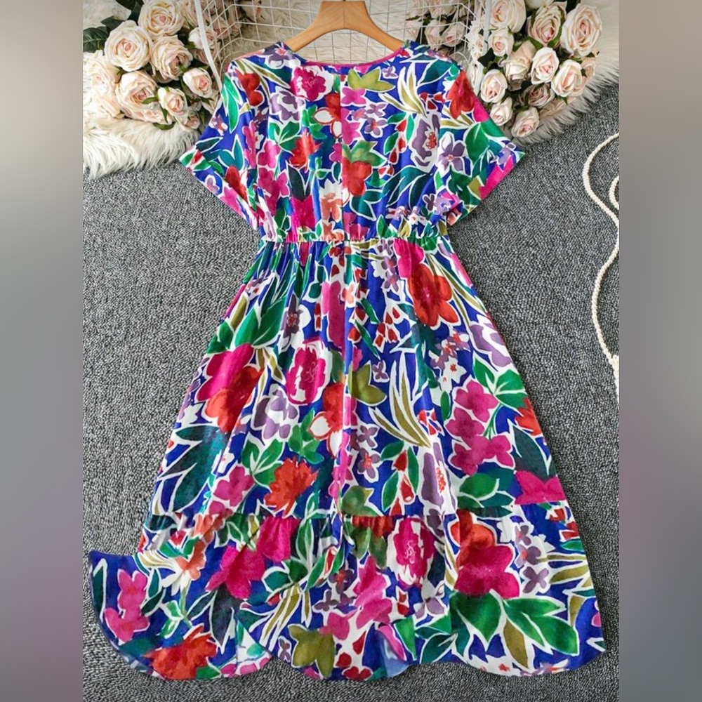 SHEIN Blue Multicolor Floral V-Neck Midi Dress - Picture 2 of 6